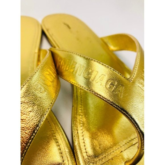 Balenciaga Gold Round Metallic Leather Flip Flops Sandals - Picture 4 of 12